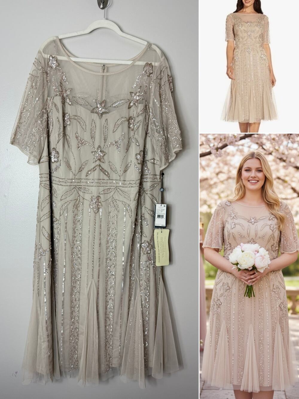 Adrianna Papell Plus Size Dress Sequin Beaded Wedding Guest Cocktail Evening
